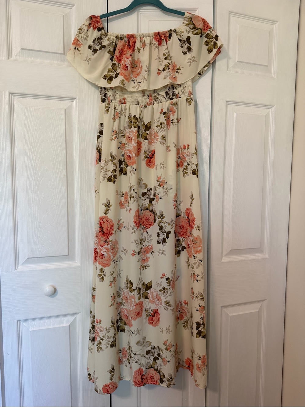 Floral Off-Shoulder Maxi Dress in Cream and Coral